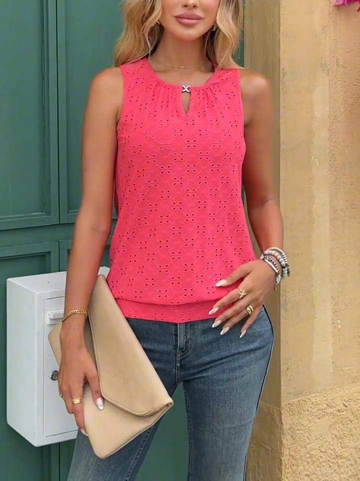 Ladies' Elegant Sleeveless Vest -Semi Transparent Round Neck Lightweight Top, Medium Stretch Casual, Sleeveless Butterfly Pattern, Non Transparent