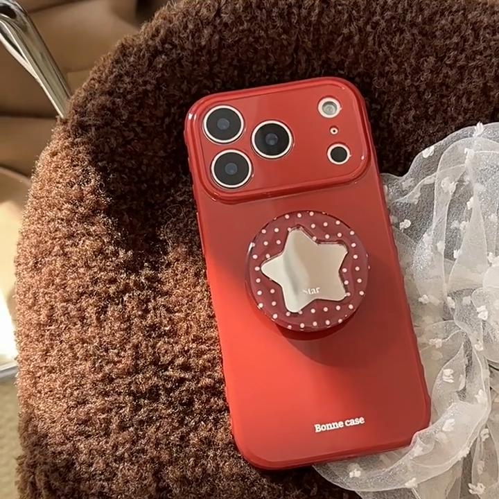 Cute Star Pop Socket Red Glossy Phone Case for iPhone, Sweet Polka Dot Protective Cover