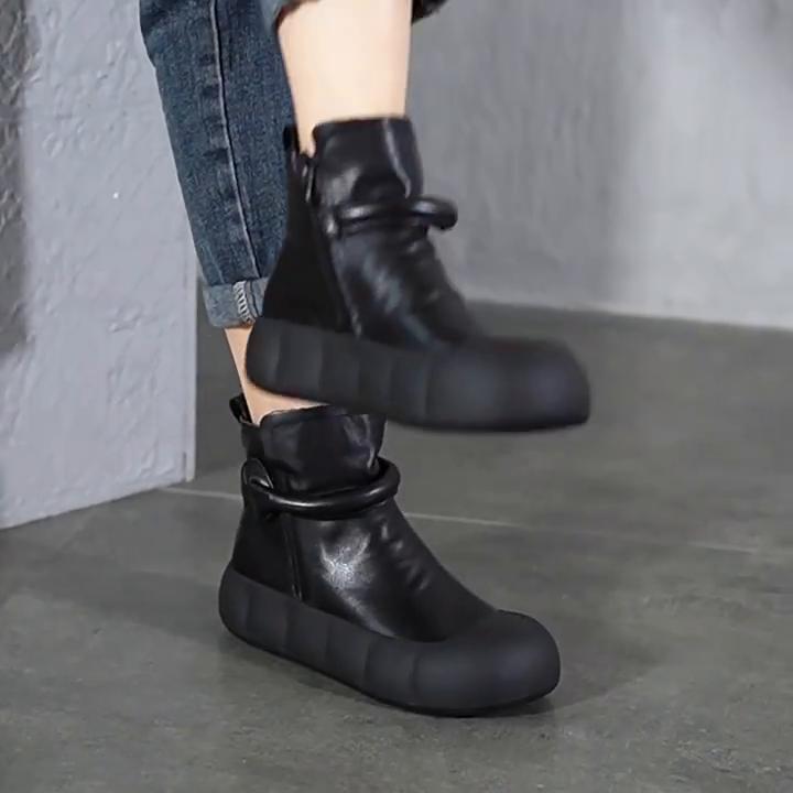 Johnature Genuine Leather Solid Color Short Boots Versatile Thick Sole Flat Shoes Women's Shoes