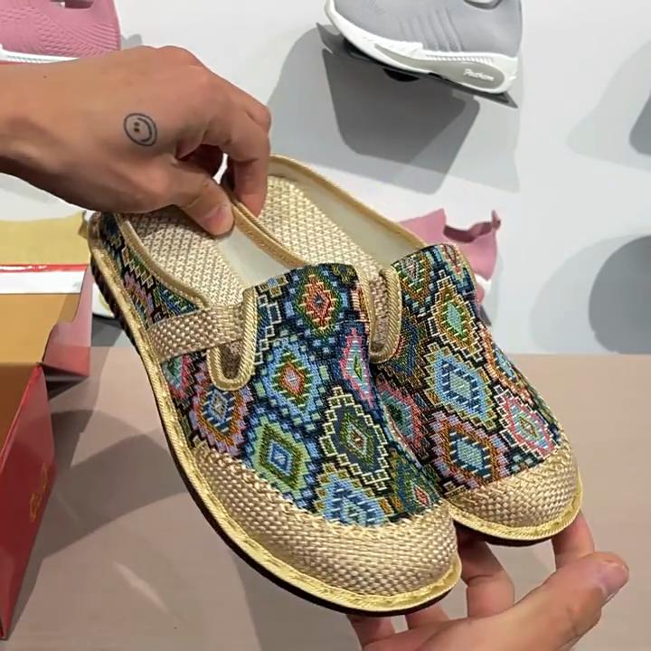Women's Ethnic Style Half Slippers with Cloth Shoes and Linen Toe Caps, Women's Soft Soled Casual Single Shoes