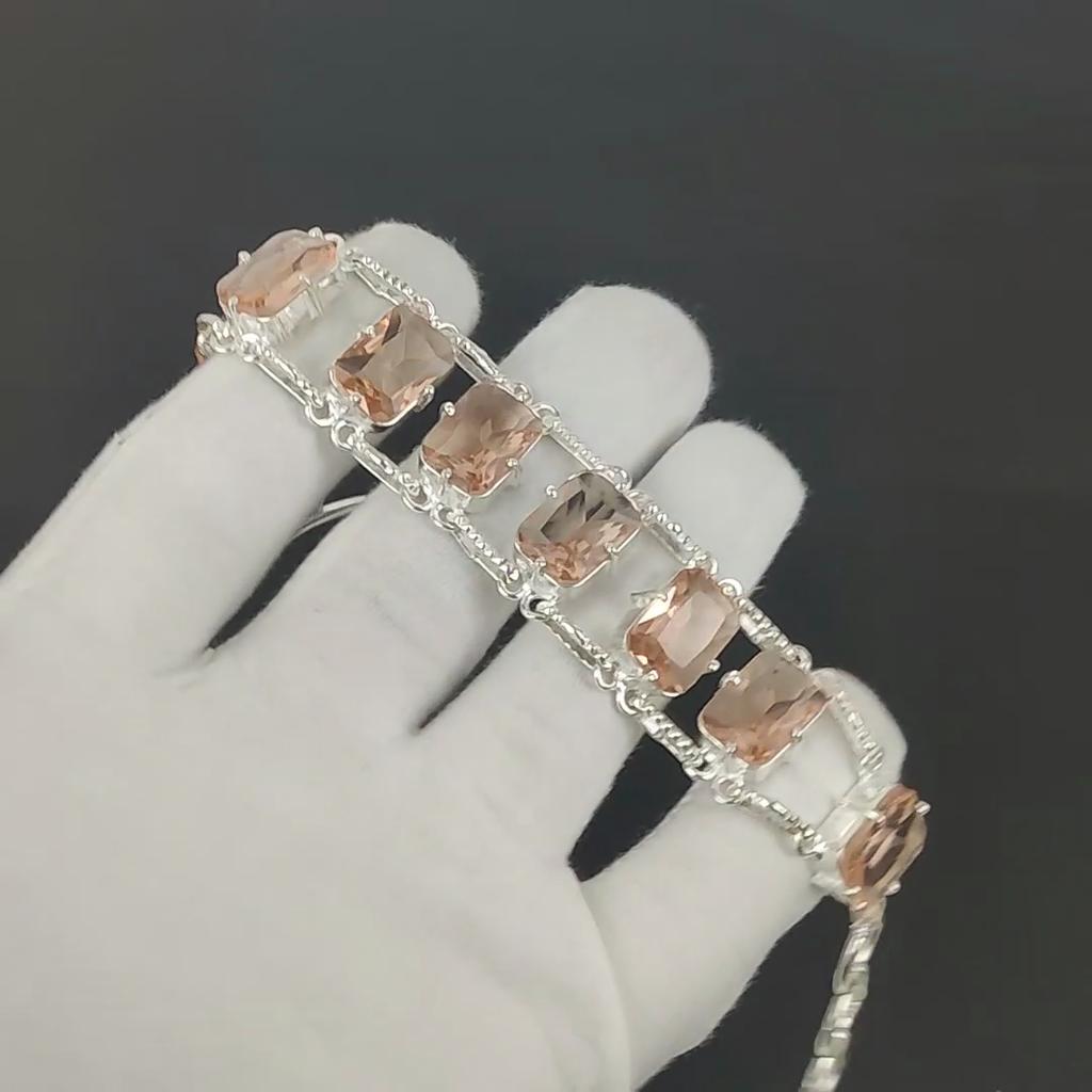 Faceted Morganite Bracelet 925 Sterling Silver Jewelry Adjustable Chain Bracelet Cushion Shape Gemstone Handmade Jewelry Gift For Her