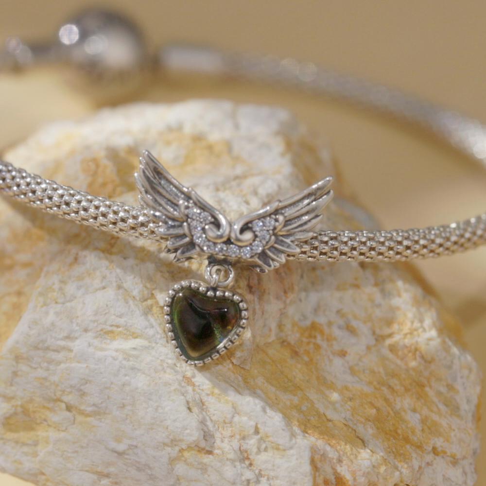 WOSTU 925 Sterling Silver Wing Guardian Emotion Stone Charm Beads for Bracelet DIY Jewelry