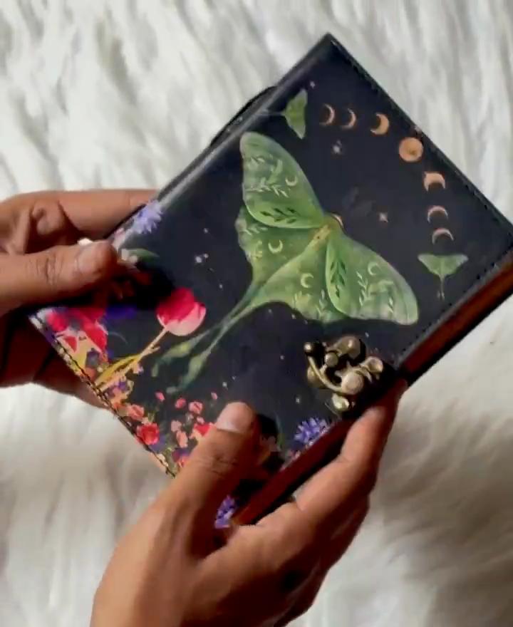 Luna Moon Moth Leather Journal – Handmade Vintage Diary with Botanical & Mushroom Art, Antique Lock, Yellow Deckle Pages