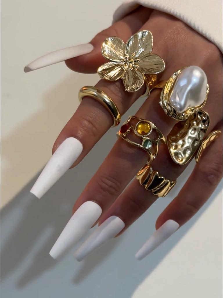 Colorful Crystal Stone Flower Joint Ring Sets for Women Baroque Plastic Simulation Pearl Stone Opening Rings Jewelry Bijoux