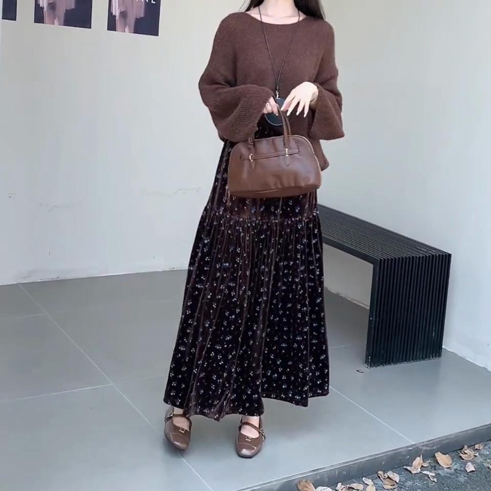 Korean Fashion Autumn Winter Women Velvet Skirt High Waist Floral Print Black Brown Midi Skirt Vintage Elegant Feminine Ruffles Skirt