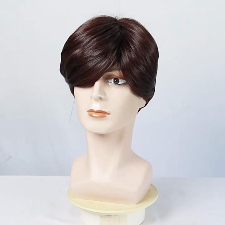 Мужской коричневый короткий прямой парик с боковым пробором