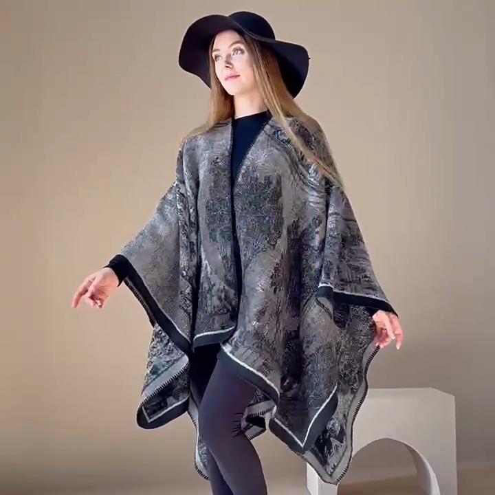Women's Fashion Pashmina Autumn and Winter Cloak Thicken Warm Shawl Knitted Wraps Split Cape