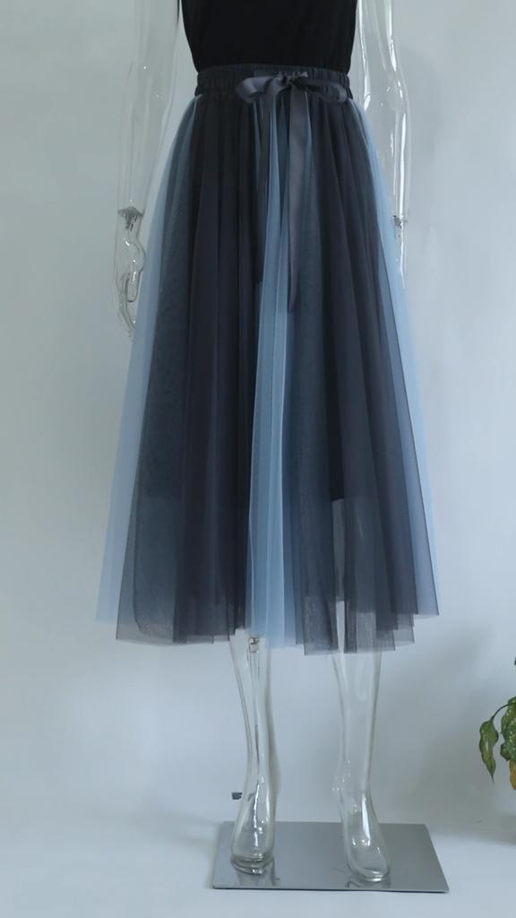 Qooth Women 7 Color Block Bow Tulle Ball Gown Skirt Elegant High Waist Fairy Mesh A-line Skirt For Spring Summer QT2127