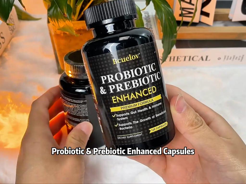 Bcuelov Probiotics and Prebiotics Capsules, containing 440 million live bacteria, 120 capsules.