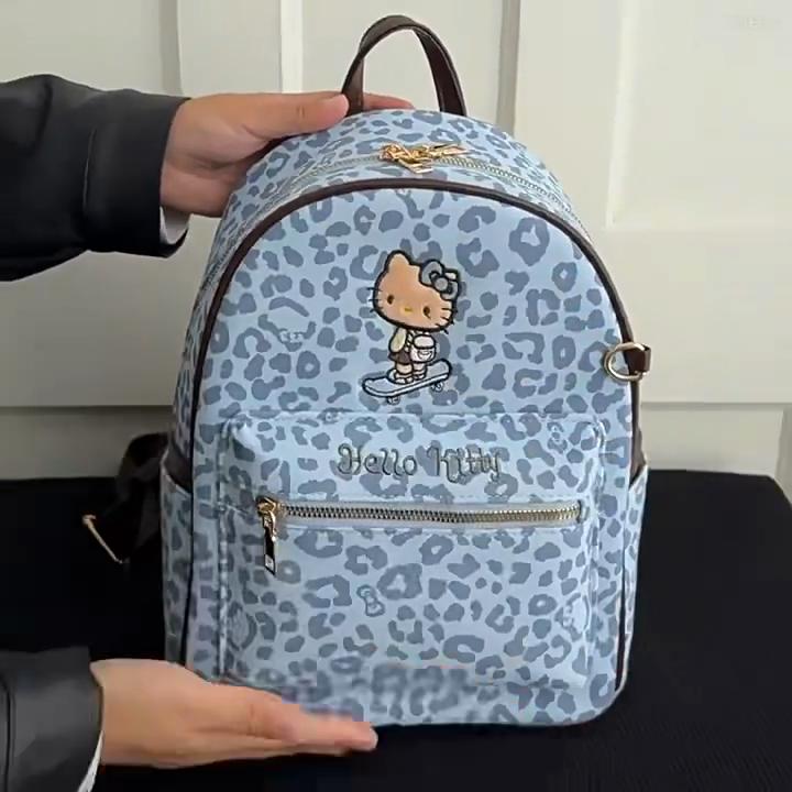 Hello Kitty Leopard Pattern Pu Backpack With Vintage Design And Spacious Storage For Casual Outings