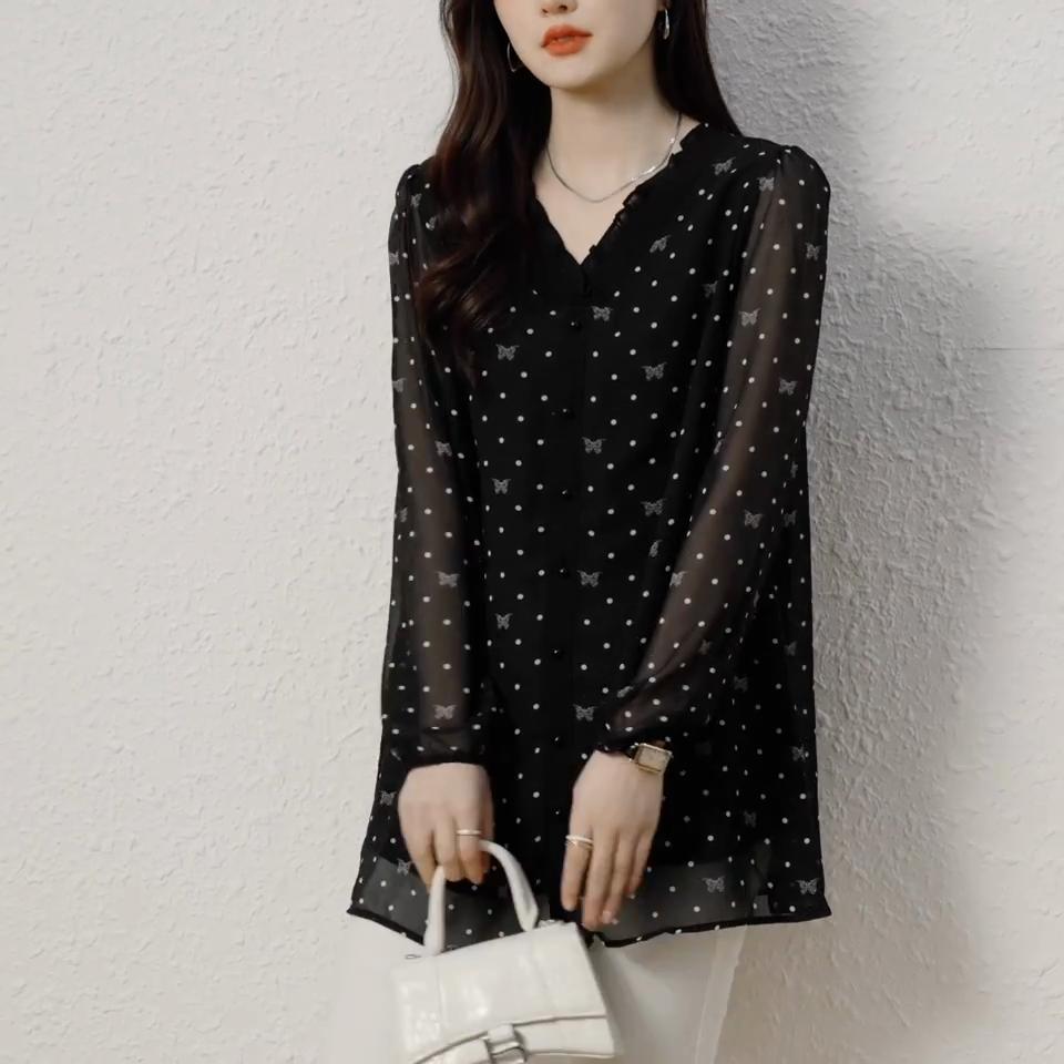 MODIQUE весна лето плюс размер новые женские свободные винтажные шифоновые блузки в горошек с принтом рубашки женские повседневные оверсайз топ с v-образным вырезом и длинными рукавами