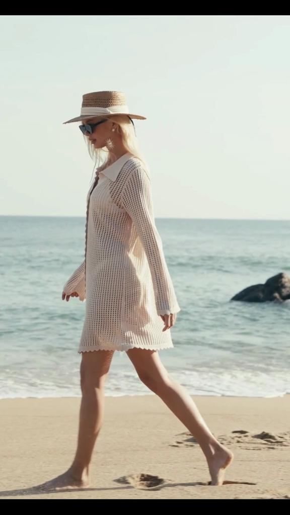 Women's Crochet Beach Cover Up Button Down Long Sleeve Cardigan Mini Dress