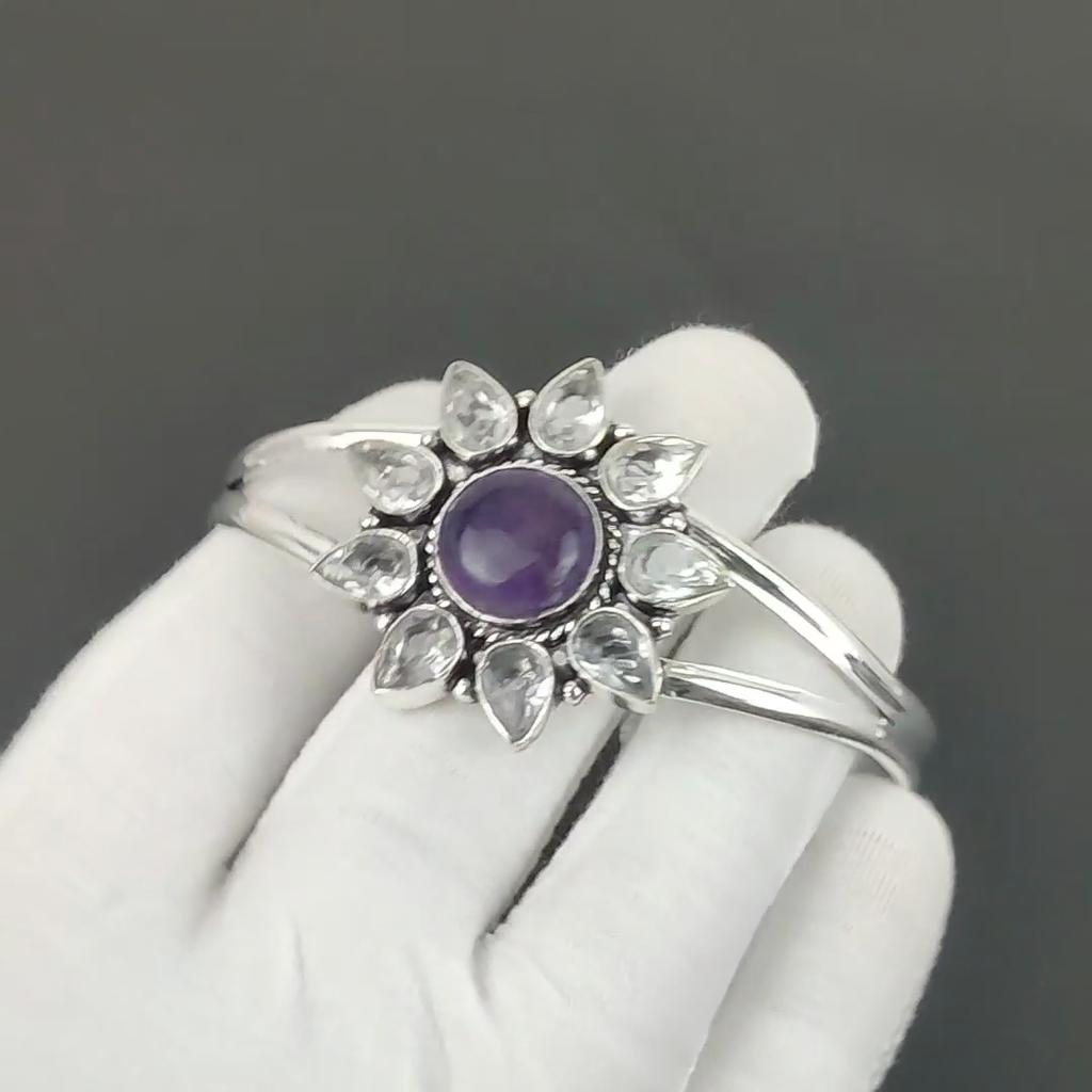 Натуральный Аметист Драгоценный Камень Ручной Работы Манжета Браслет 925 Стерлинговое Серебро Манжета Браслет, Белый Топаз Форма Цветка Браслет Для Жены, Унисекс Браслет