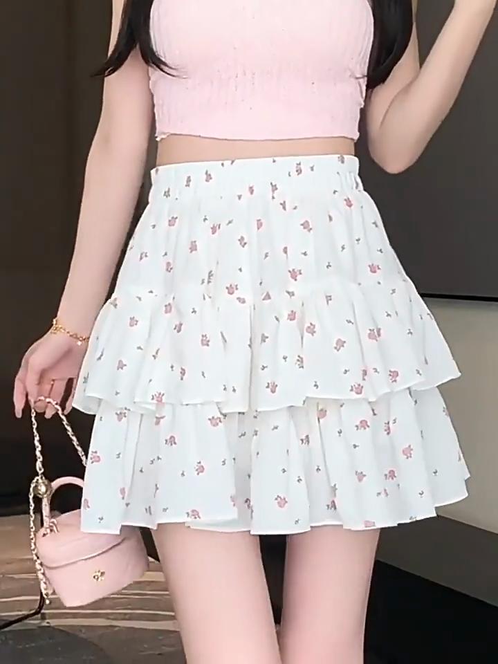 Women Pleated A-line Skirts White Ruffles Sweet Hottie Elastic Waist Slim Thin Simple Casual Summer Cake Skirt