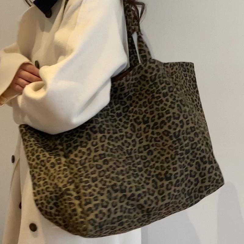 Vintage Leopard Shoulder Bag Women's Canvas Bag Large Capacity Tote Bag