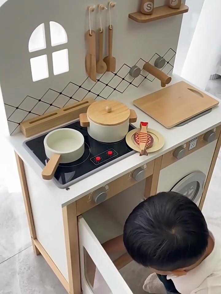 Toddler Play Kitchen With Wooden Construction And Interactive Features For Girl Development