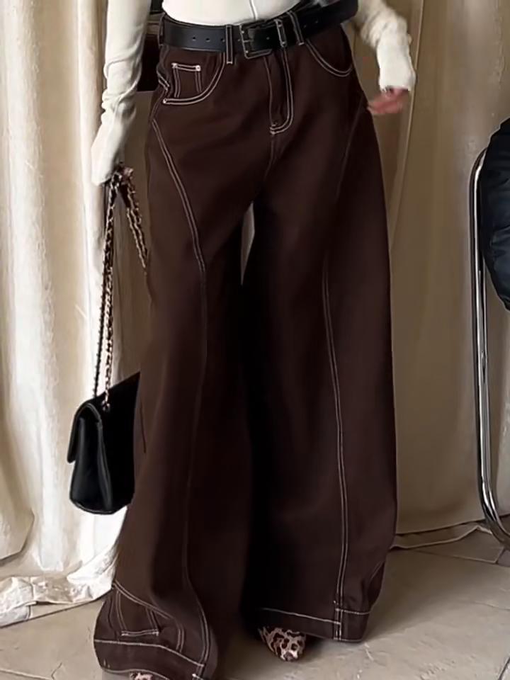 Большие размеры коричневые мешковатые джинсы женские ретро перевернутые швы с высокой талией широкие брюки хип-хоп корейская уличная одежда