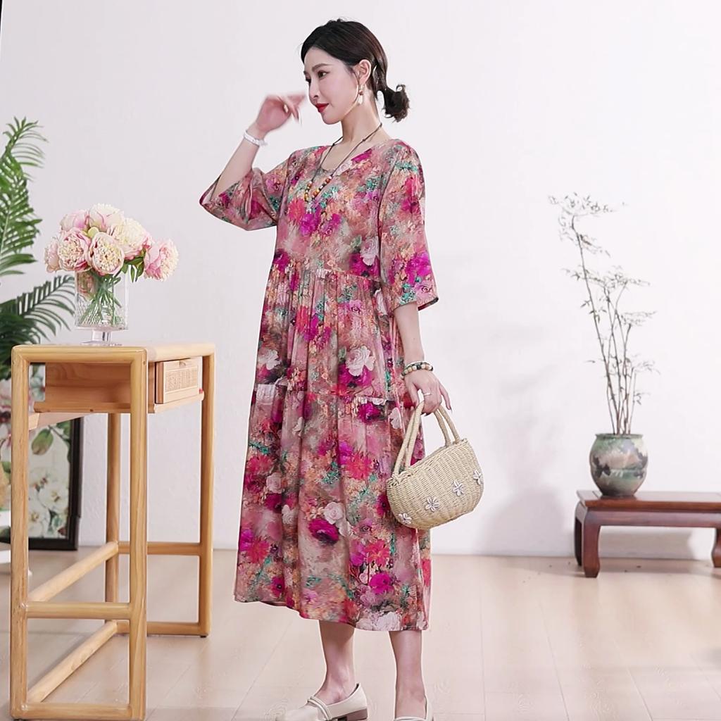 Большие размеры Повседневные женские платья Летняя винтажная одежда с короткими рукавами Элегантное длинное платье