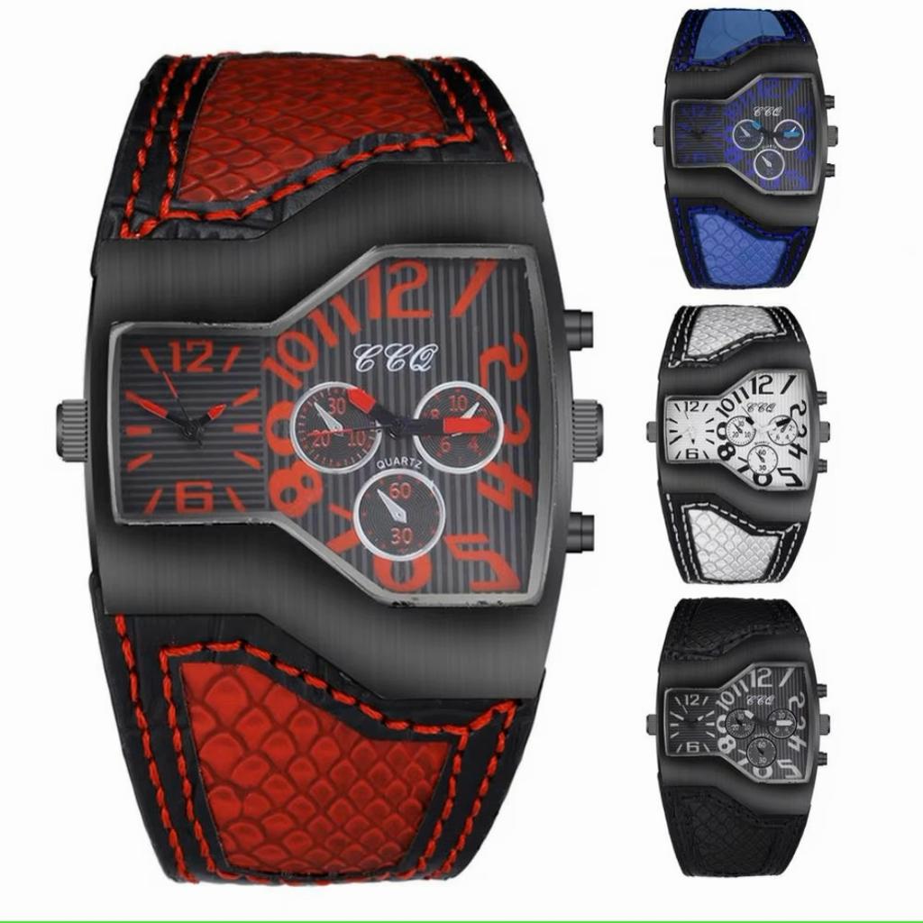 Men Luxury Watch Big Dial Multiple Time Zone Digital Display Dual Movement Quartz Casual Street Quartz Faux PU Leather Band Sport Wristwatch