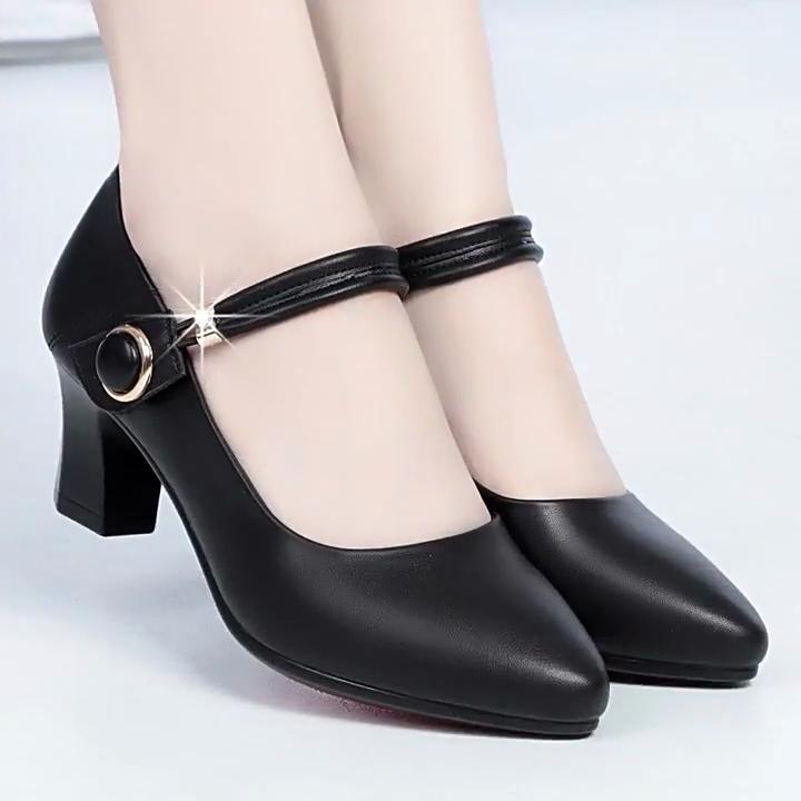 Women's High Heels Professional Work Shoes Thick Heel Shoes Women's Leather Shoes Buckle Comfortable Shoes