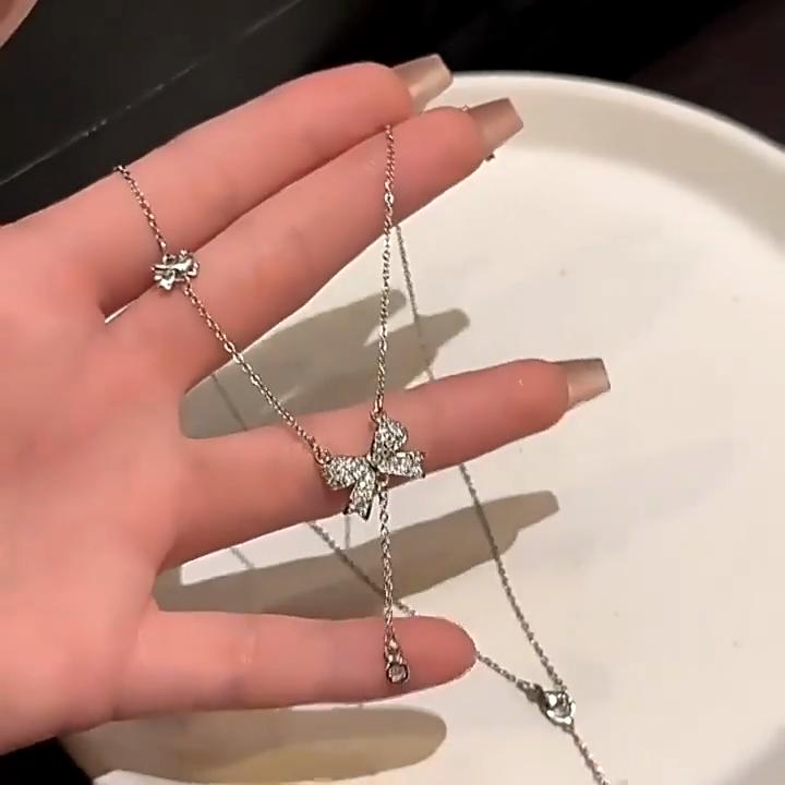 Серебряный кулон-бант на шею Регулируемая Y-образная подвеска с цирконами