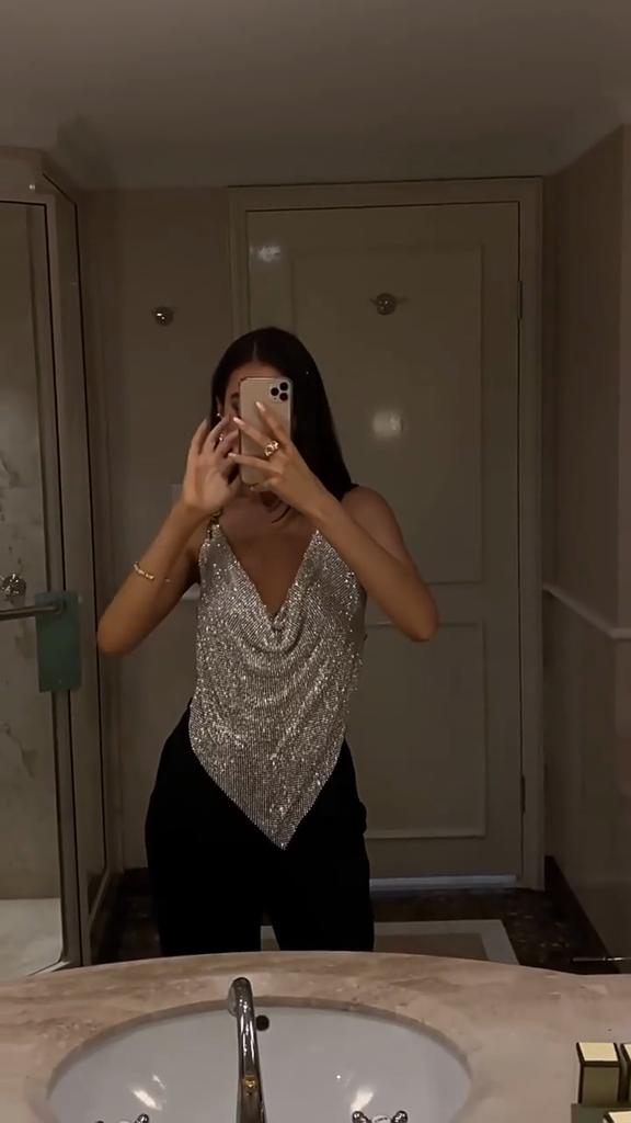 Metal Wire Fabric Metal Sparkle Spaghetti Strap Crop Top For Nightclub Women