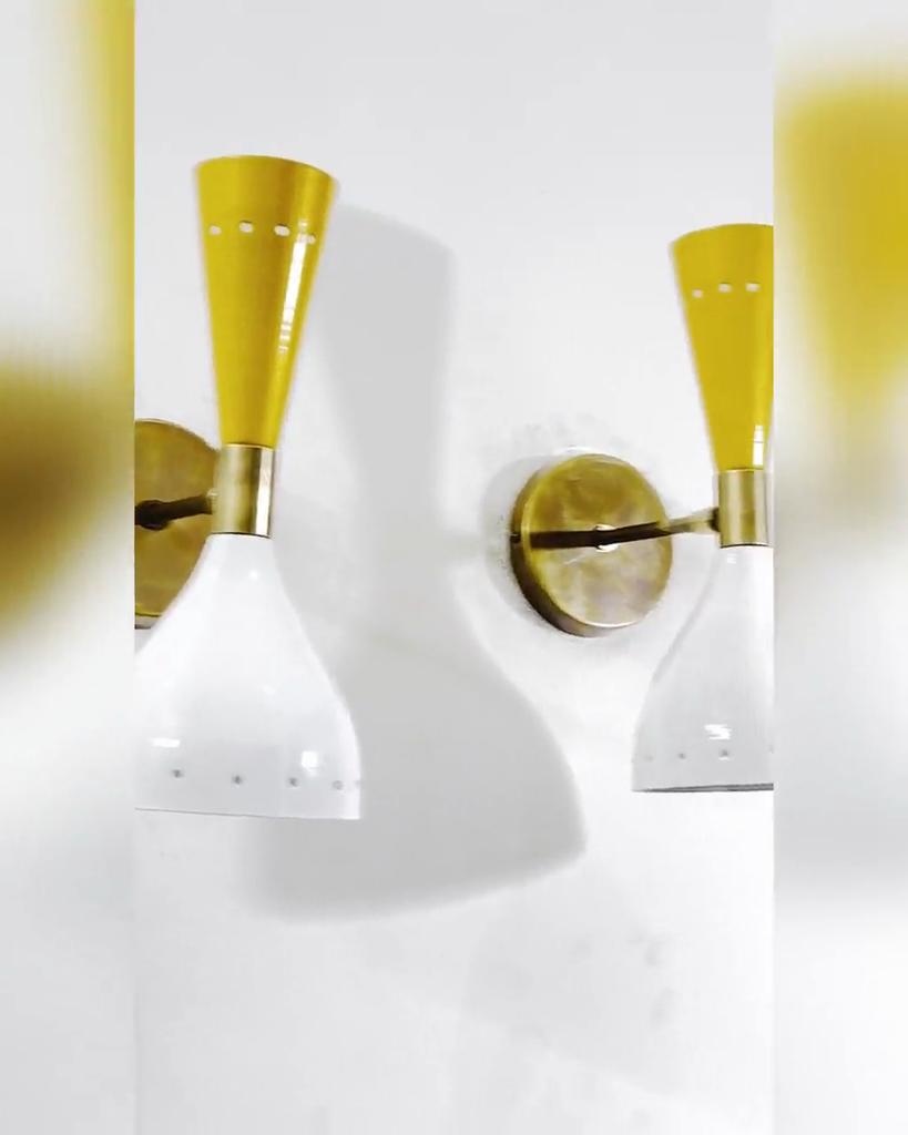 Mid Century Italian Brass Diabolo Wall Sconce Pair - Mustard & White