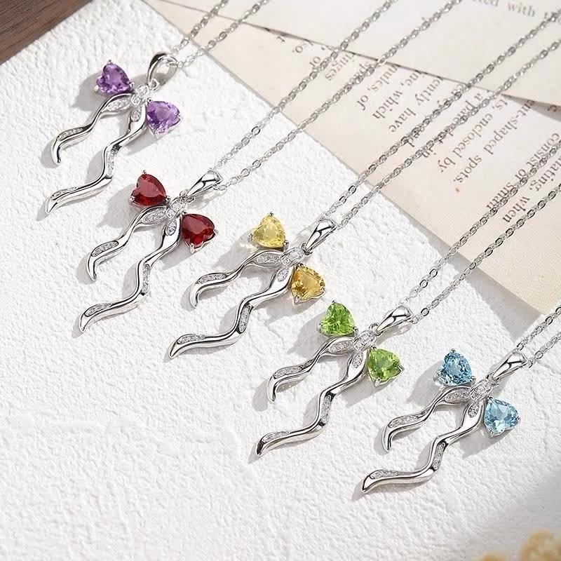 925 Sterling Silver Butterfly Pendant Necklace for Women, Natural Amethyst/Topaz Crystal Necklace, INS Style Dainty Jewelry Gift
