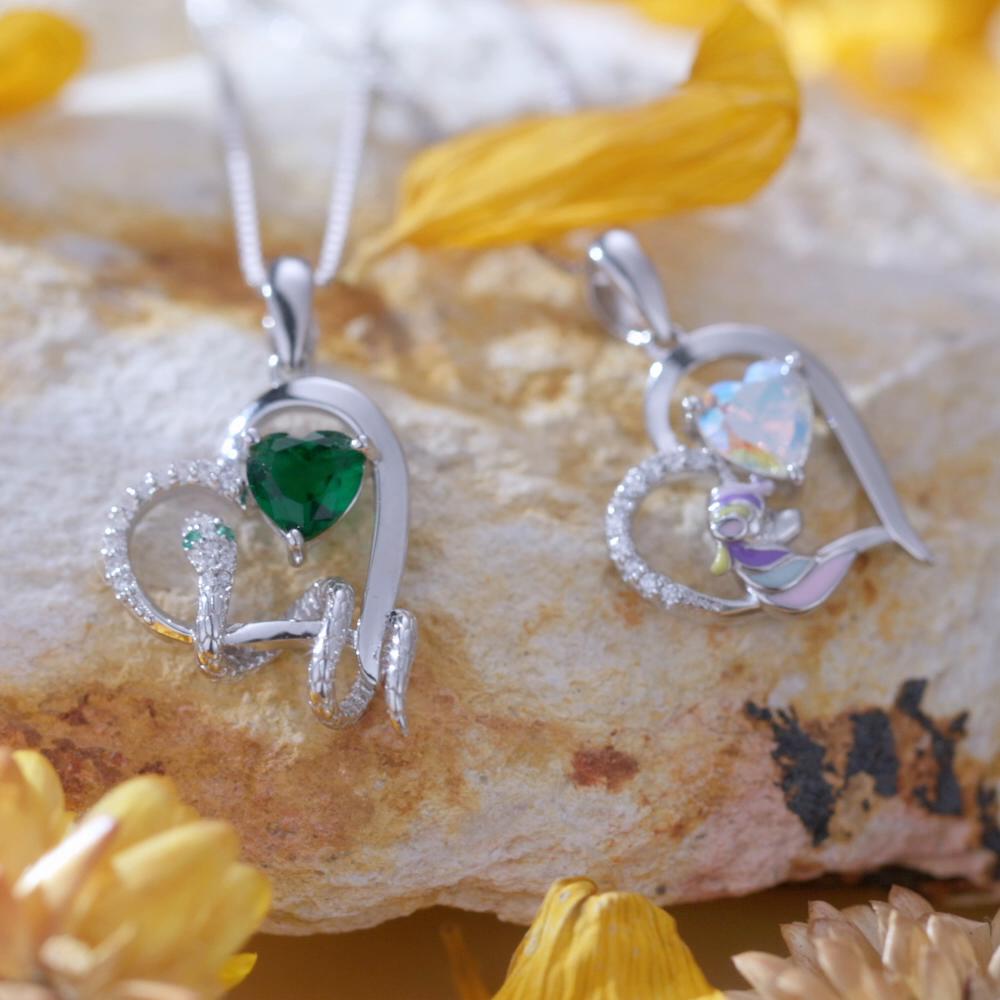 BAMOER, стерлинговое серебро 925 пробы, нежный зеленый циркон, кулон в форме сердца, ожерелье, змея, переплетающаяся, любовь, шейная цепочка для женщин, изящные ювелирные изделия