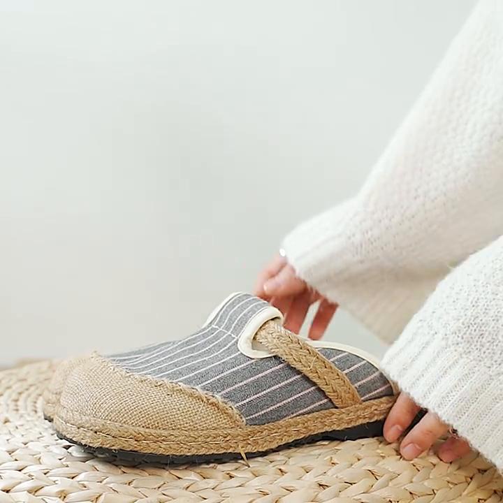 Johnature Summer Shoes Women Slippers Striped Cotton Hemp Outside Slides Flat With Leisure Concise Ladies Slippers