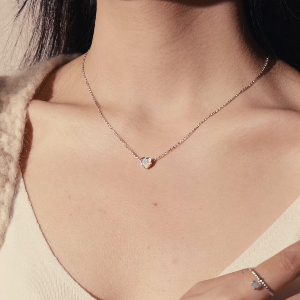 WOSTU Real 925 Sterling Silver Simple Style Shining Opal Heart Pendant Choker Necklace For Women Jewelry Gift