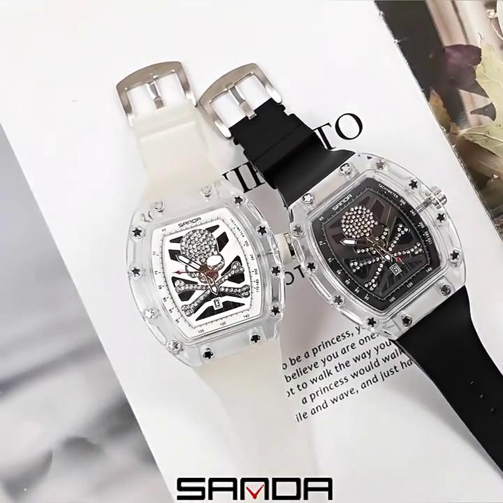 SANDA Новые кварцевые часы Модный тренд Крутые часы с черепом, украшенные кирпичом
