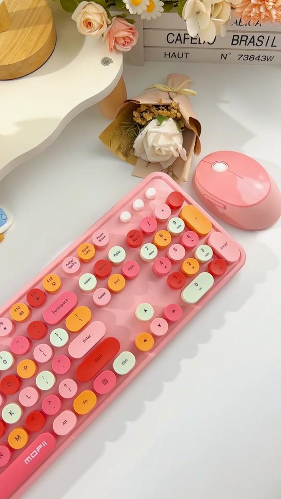 Mofii Sweet Wireless Retro Round Keyboard Mouse Combo Ergonomics 104 Key Compatible Multiple Systems For Laptop Game Office Work