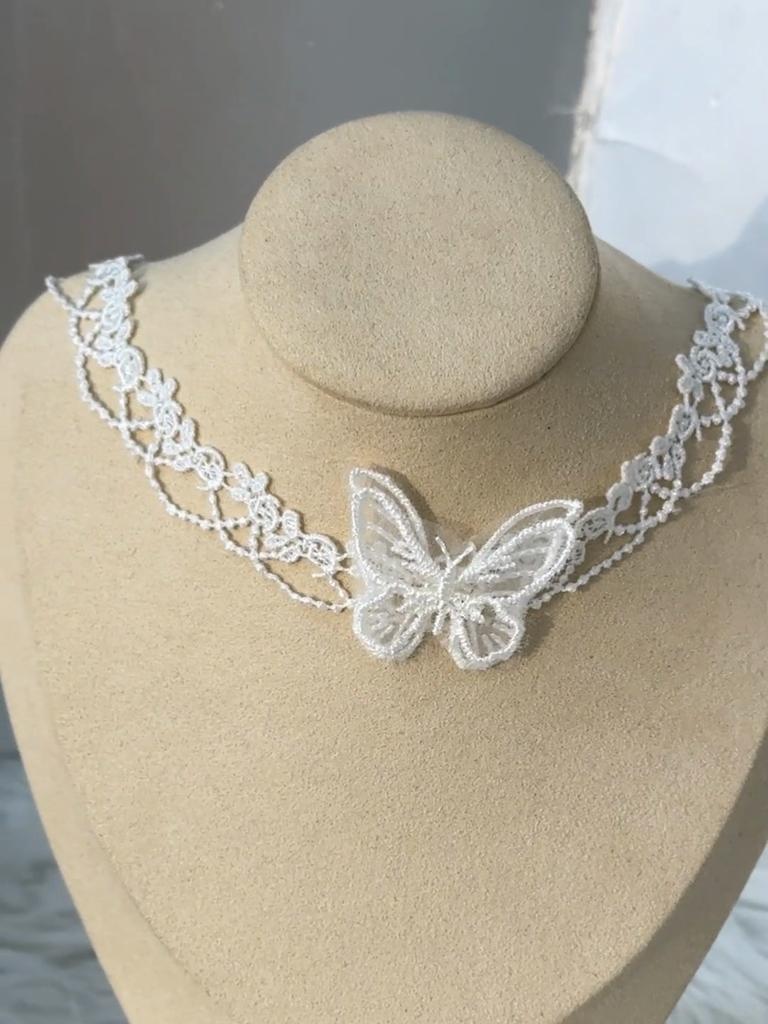 White Simple Elegant Butterfly Weave Lace Choker Necklace Jewelry for Women Girls Vintage Romantic Date Wedding Collarbone Bijoux