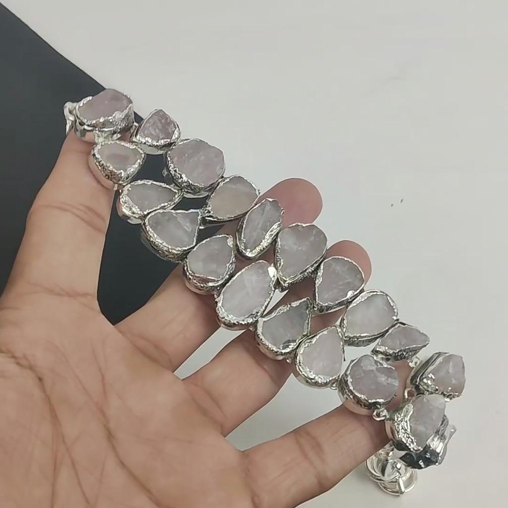 Браслет из натурального необработанного розового кварца ручной работы из стерлингового серебра 925 пробы, выполненный методом электроформовки, браслет из необработанного розового кварца для жены, браслет унисекс в подарок