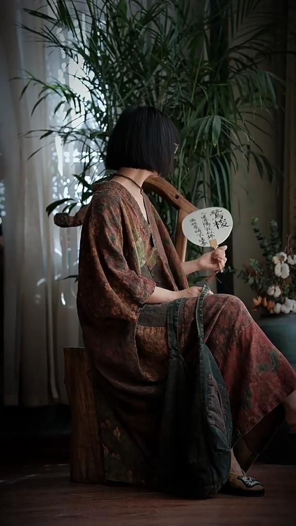 Johnature Women Vintage Dress Patchwork Bat Sleeve Autumn V-Neck Loose Chinese Style Female Dresses