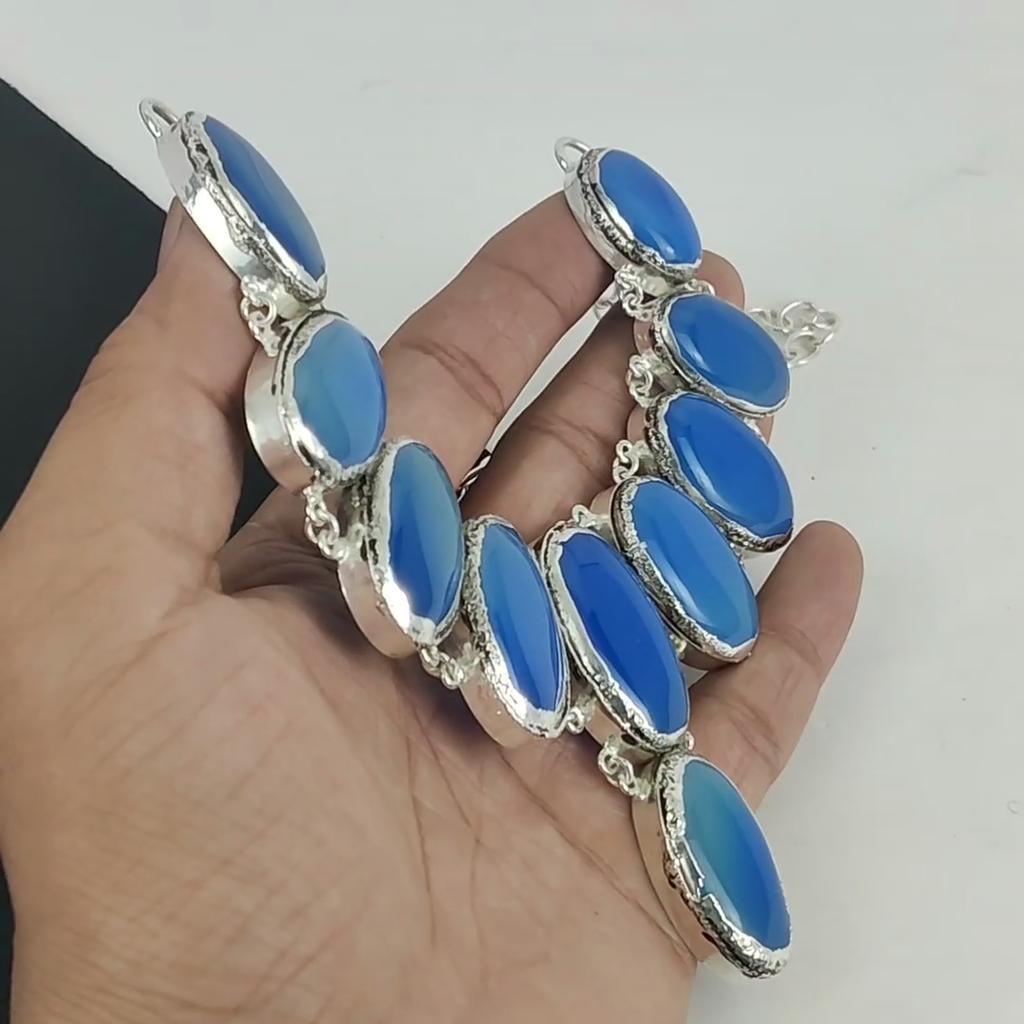 Синий халцедон драгоценный камень ручной работы серебро 925 пробы гальванопластика ожерелье, синий халцедон серебро для жены унисекс ожерелье праздничный наряд подарки