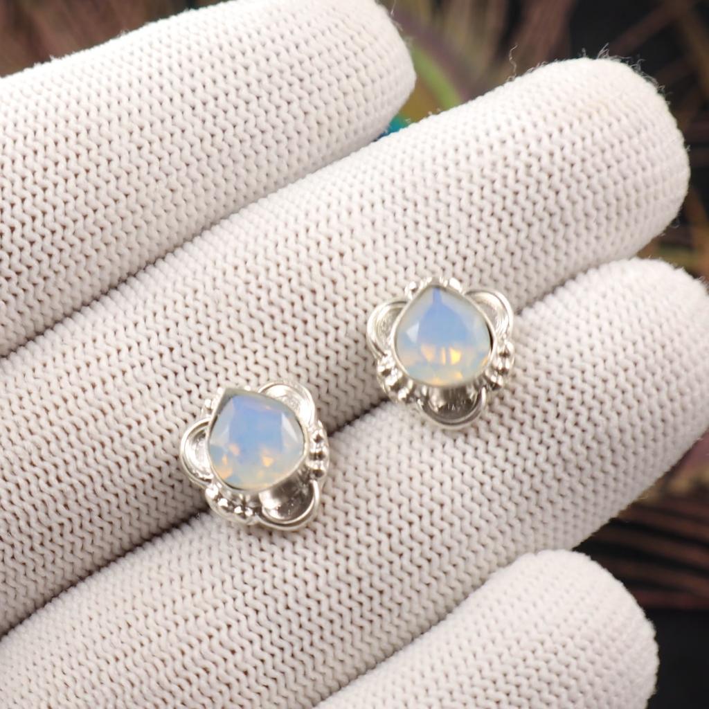 Milky Opal Gemstone Studs 925 Sterling Silver Handmade Jewelry Bridesmaid Gift EE-159-14