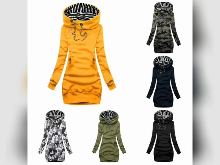 Women Hoodie Dress Casual Solid Color Sweater Camouflage Long Sleeve Drawstring Pullover Sweatshirt Autumn Winter Slim Fit Cotton