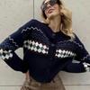 Жаккардовый вязаный кардиган-свитер с ромбовидным узором, новый женский ленивый и универсальный модный топ с длинными рукавами