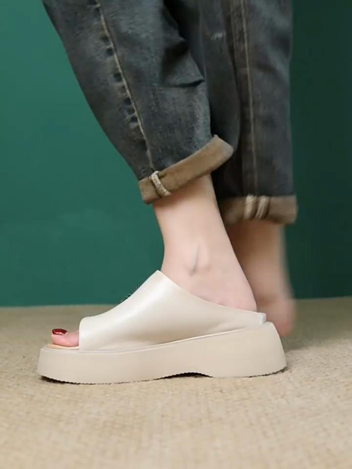 Johnature Тапочки для улицы в стиле ретро с открытым носком и толстой подошвой из натуральной кожи, повседневные женские туфли на танкетке с мягкой подошвой