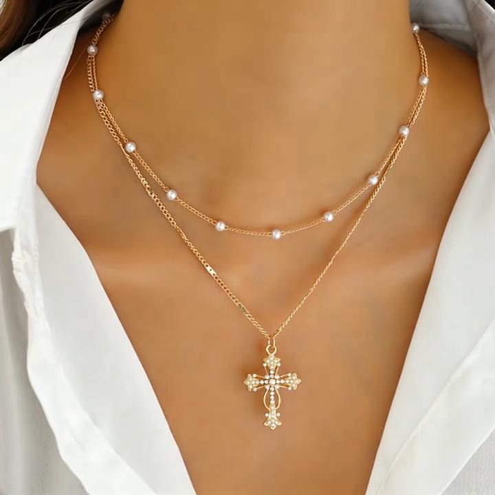 1PC Многослойное ожерелье с крестом для женщин, двойная цепь, минималистичные бусины, ювелирные изделия, регулируемая изящная цепочка с О-образным звеном, сплав золота и серебра, повседневный элегантный