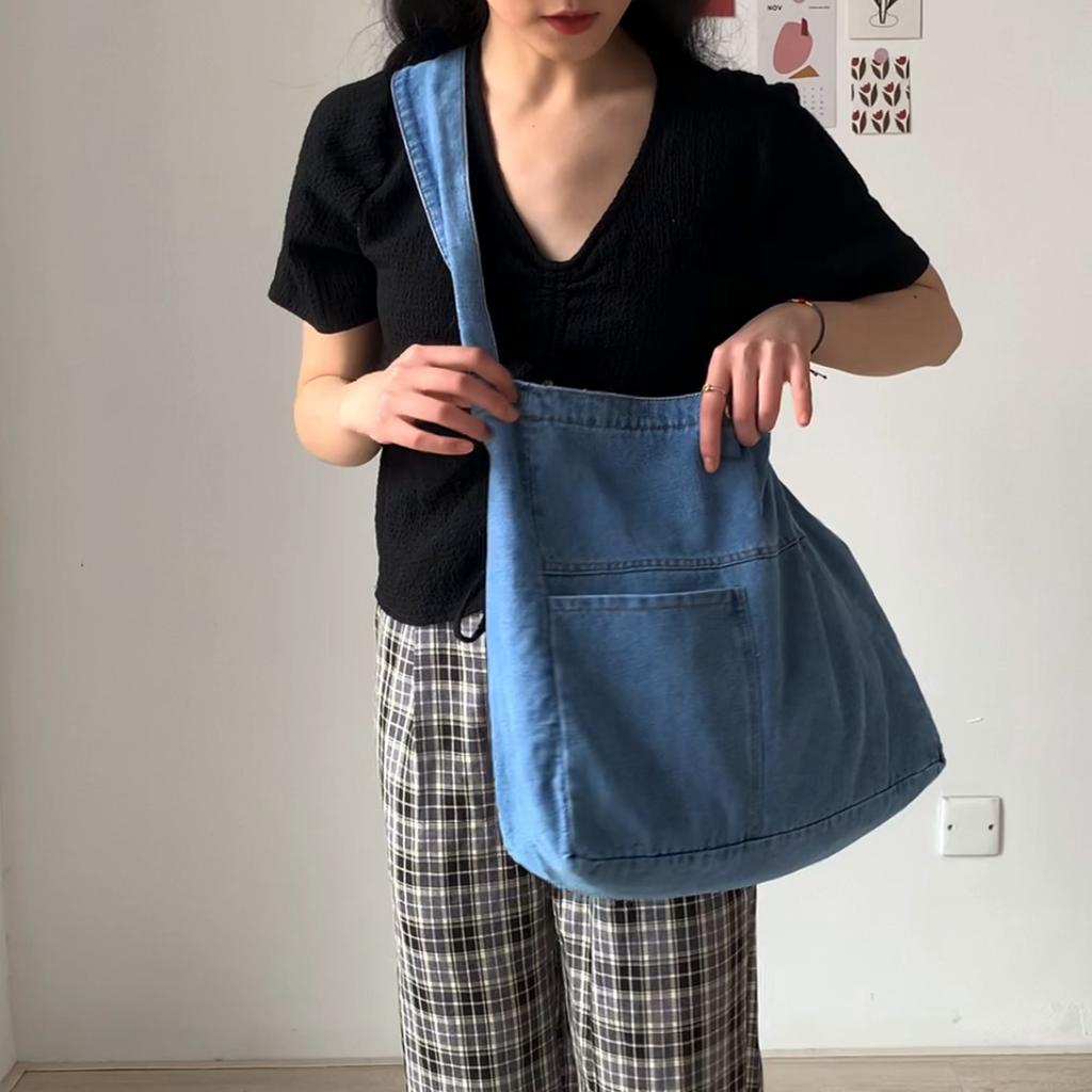 Сумка из мытой джинсовой сумки, большая вместительная сумка через плечо, студенческая большая сумка, женская простая сумка через плечо