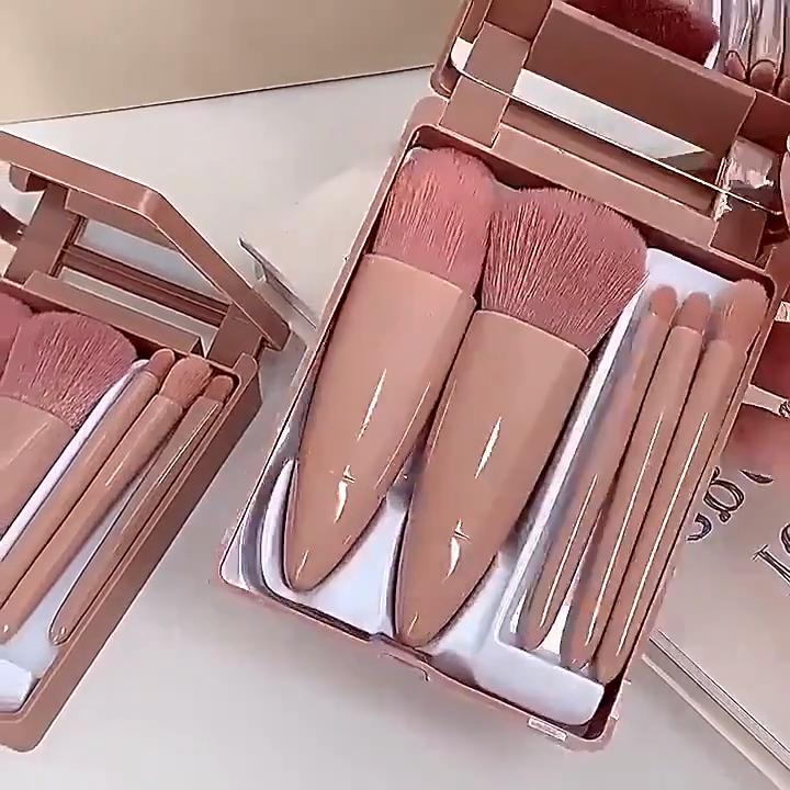 Набор из 5 кистей для макияжа с зеркалом, компактная пудра, румяна, тени для век, кисточка для губ, портативные многофункциональные косметические инструменты для красоты