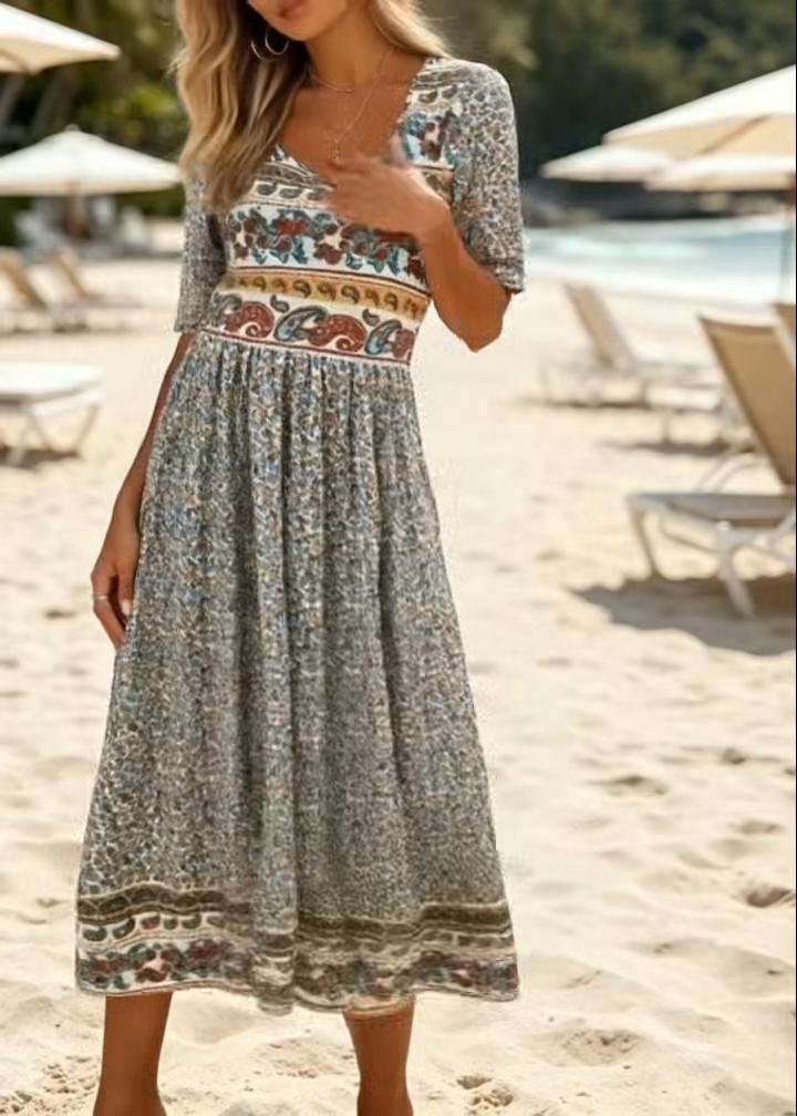 Женское богемное платье-миди с принтом, с коротким рукавом, свободного кроя, элегантное, для улицы, на каждый день