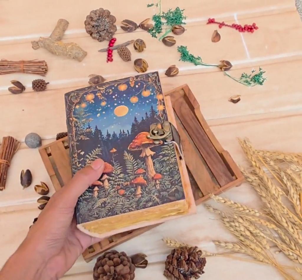 Handmade Leather Journal with Lock: Mushroom & Fairy Tale Grimoire