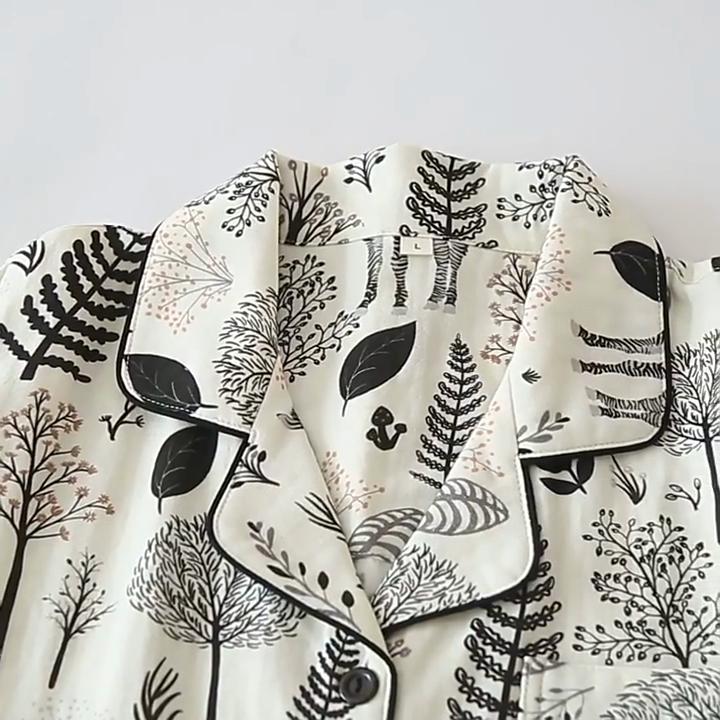 Простая двухслойная женская пижама из чистого хлопка с марлей, весна/осень, тонкая, с длинными рукавами, свободная домашняя одежда, черная пижама с принтом «зебра и лес»