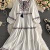 Holiday Retro Ethnic Embroidery Dresses Women Vintage V-neck Tassel Lace Up Dress Party Long Sleeve Fashion Long Dress Loose New