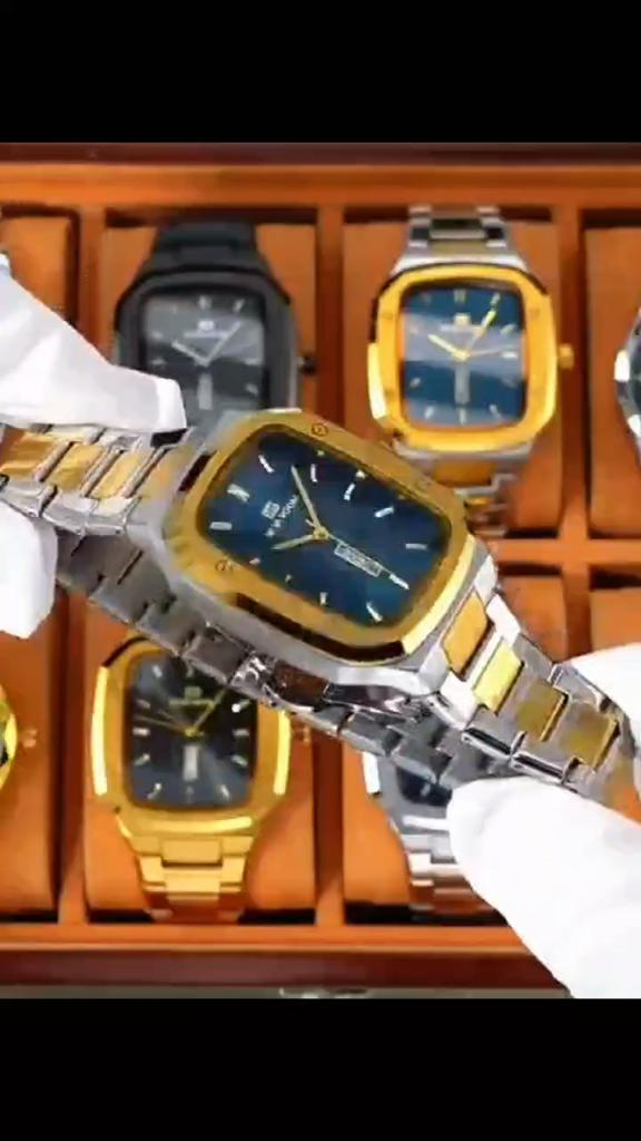 Men Square Stainless Steel Strap Watch Quartz Week Calendar Simulated Business Sports Wristwatch