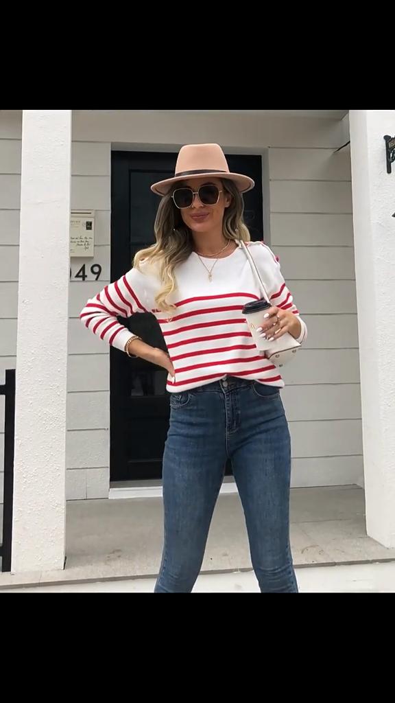 GMXIA Women's Fashion Casual Stripe Print Autumn Winter Long Sleeve O-Neck Loose Sweaters